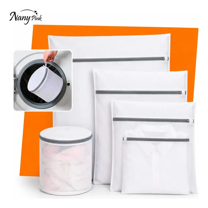 Kit 5 Sacos Para Máquina De Lavar Roupa Rede Protetora Para Lavar Roupas Delicadas Lingerie Meias Tênis E Roupas Íntimas Saco Protetor Lavanderia Com Zíper Resistente - NANY PINK