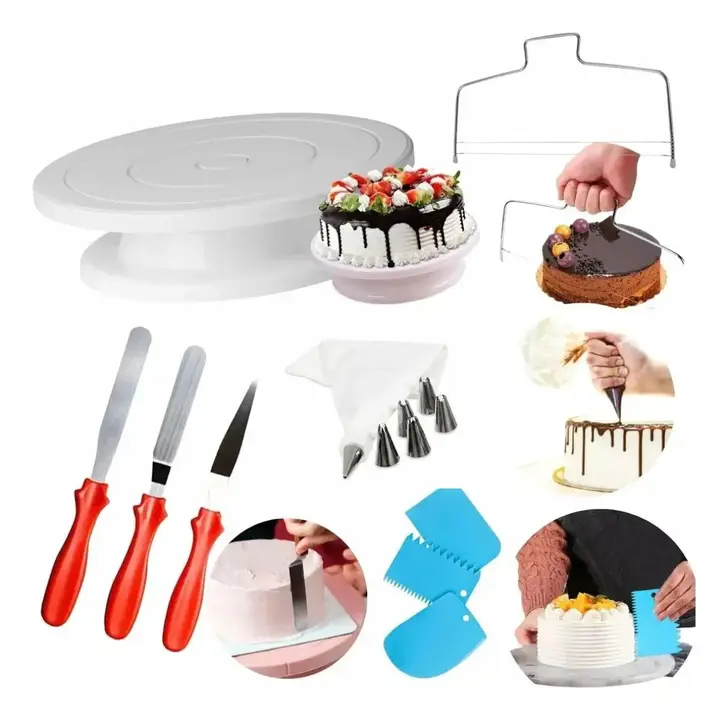 Kit Confeitaria Boleira Bailarina Giratória + Bicos de Confeitar 3 Espátulas Raspador e Cortador Nivelador